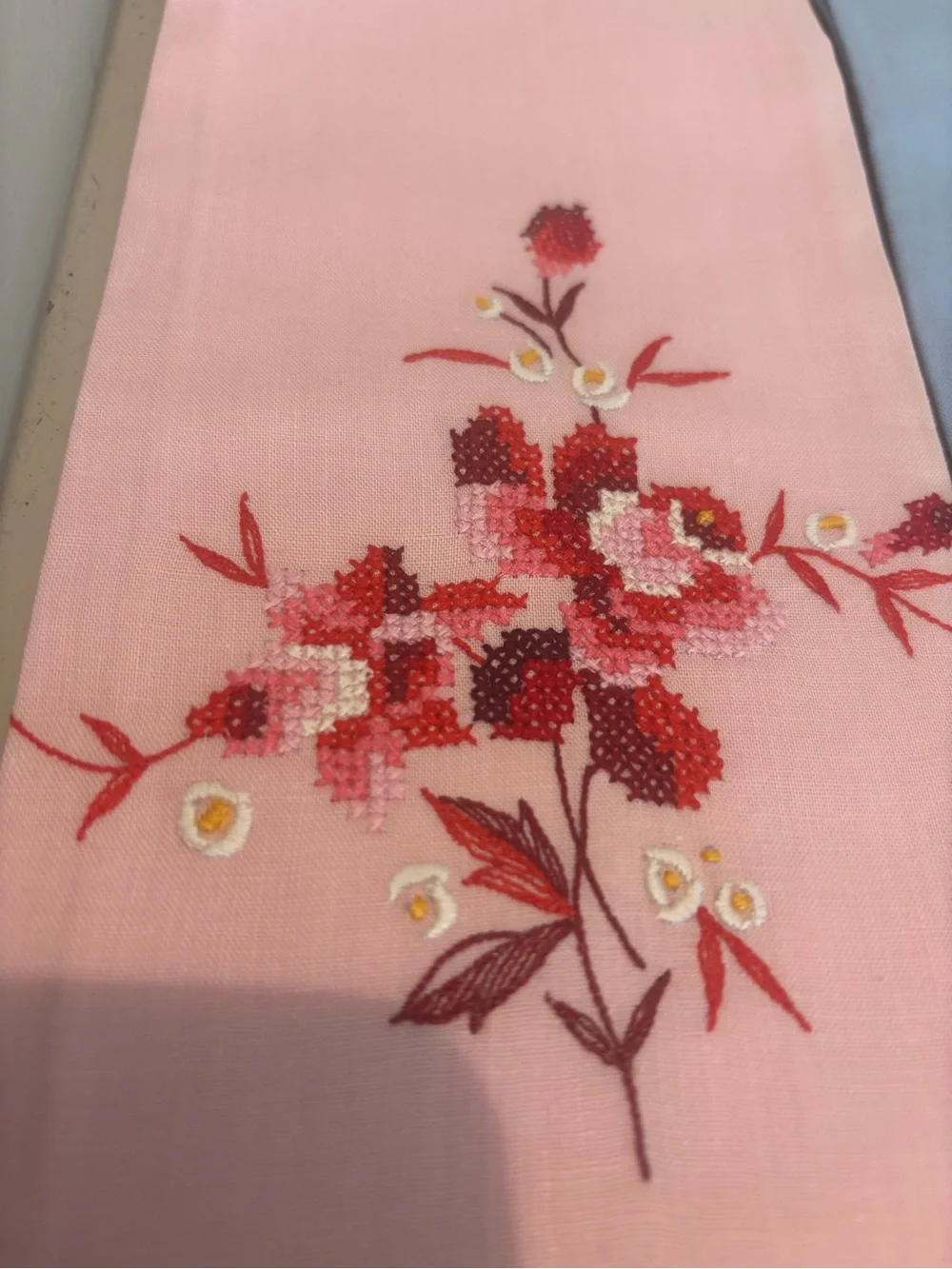 3 Floral Embroidered Linen kitchen bath napkin vintage blue pink  pastel hand